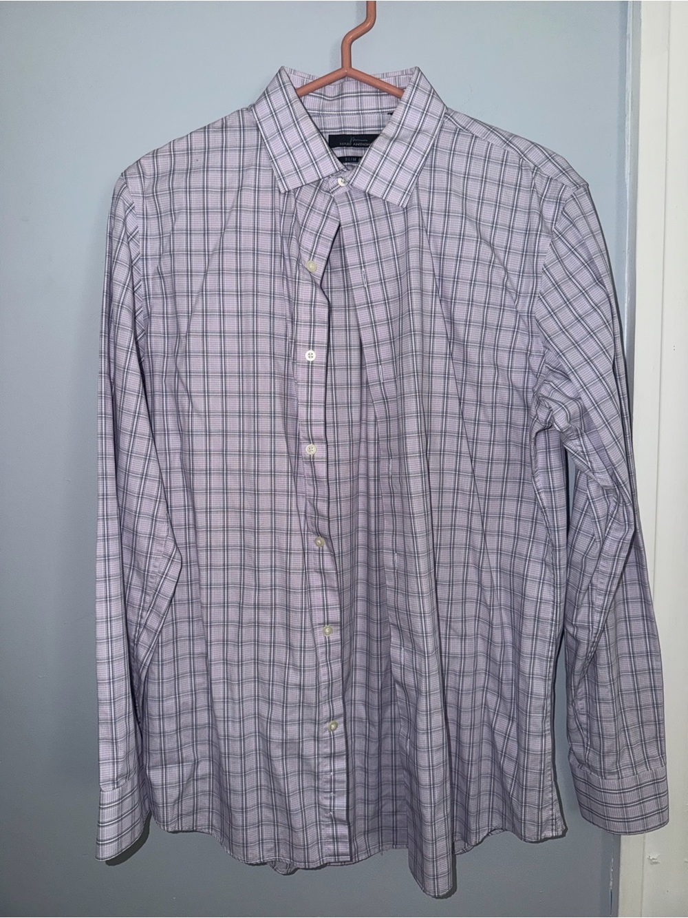 Marc Anthony Slim Fit Dress Shirt Men’s Size Large Purple Gray Plaid 100% Cotton